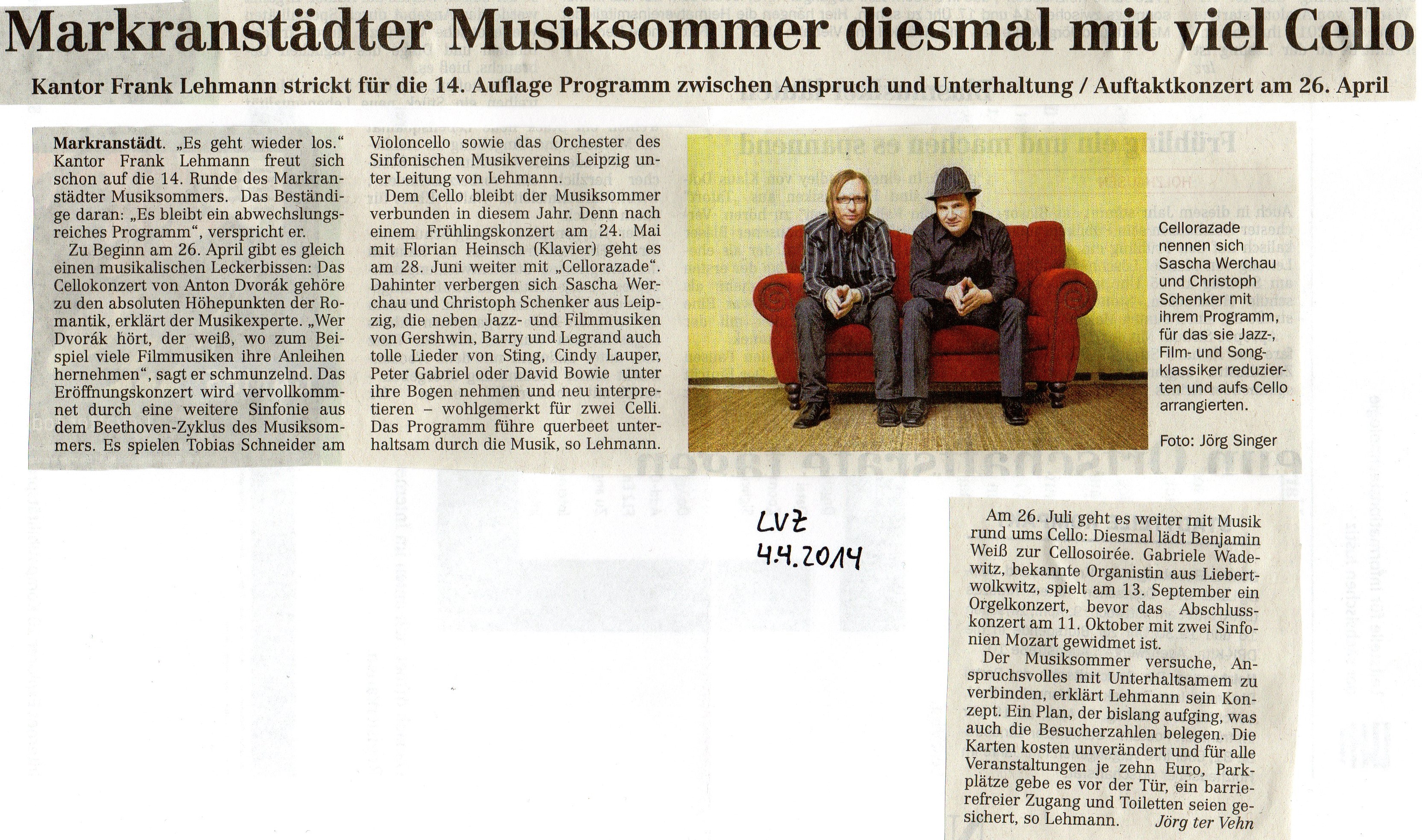 Ankündigung unseres Eröffnungskonzerts Samstag, 			  26.04.2014 in der Sankt-Laurentius-Kirche