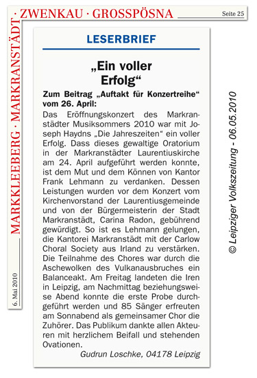Eröffnungskonzert zum 10. Markranstädter Musiksommer 2010 in der Sankt-Laurentius-Kirche